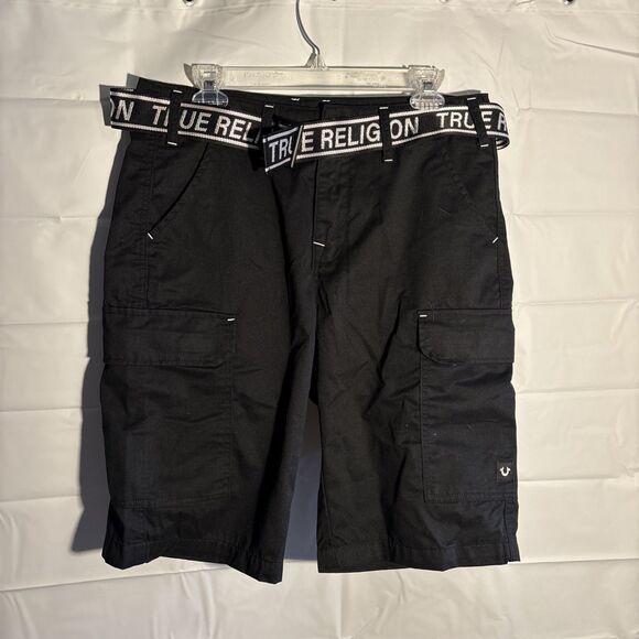 NWT True Religion Belted Logo Cargo Shorts Black Men’s 32 MSRP 129 11” Inseam - Picture 1 of 9